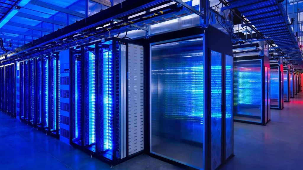 Baies de serveurs d'une salle informatique éclairées en bleu — infrastructure protégée par Sencrypt